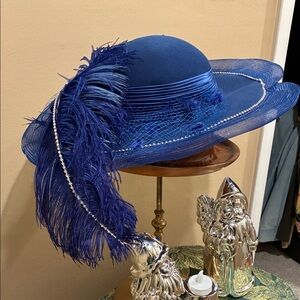 Vintage hat Doris designed  Chic Royal Blue Feathered Women's Hat 100% wool
